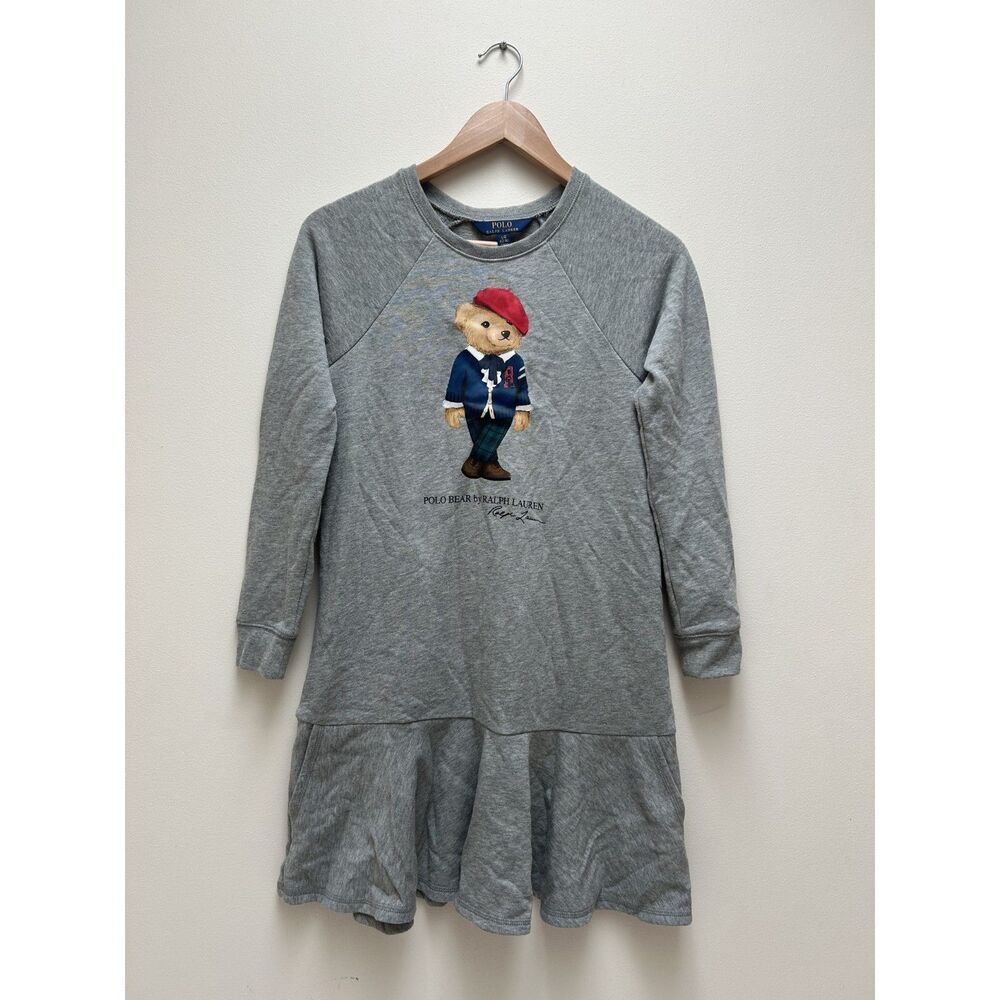 Polo Ralph Lauren Girls (14) Classy Bear Grey Comfy Long Sleeve Shirt Dress